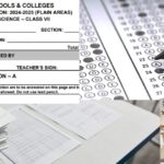 Fazaia Education System Past Papers displayed on a desk, featuring a variety of exam papers from different subjects like Mathematics, Urdu, and Science, ready for student review and study.