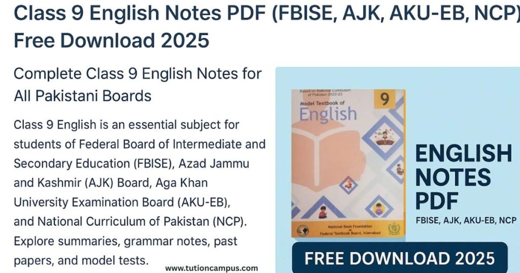 Class 9 English notes PDF download with solved chapters, grammar, and model papers 2025