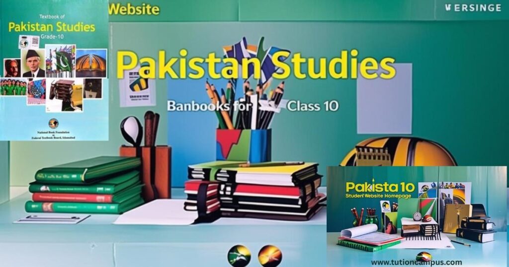 Class 10 Pakistan Studies past papers and guess papers arranged on a study desk”