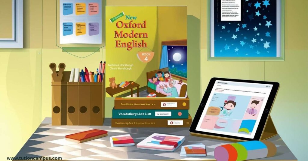 New Oxford Modern English Book 4 solution overview with textbooks and notes on a study table.