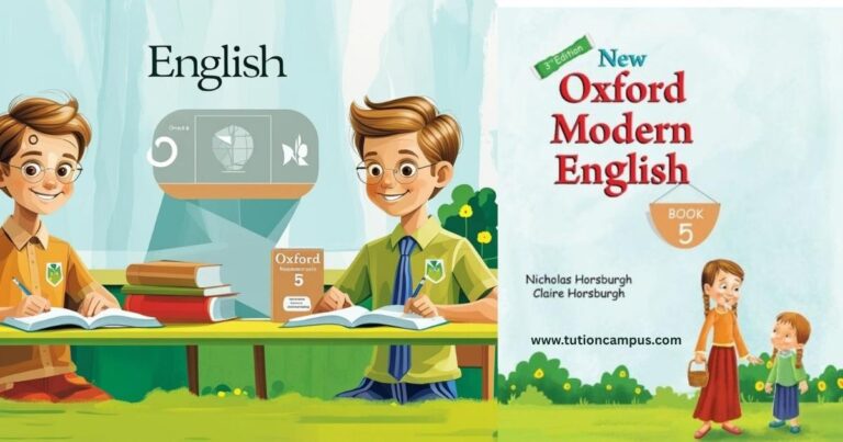 Illustration of Grade 5 students studying Oxford Modern English with books and digital materials.