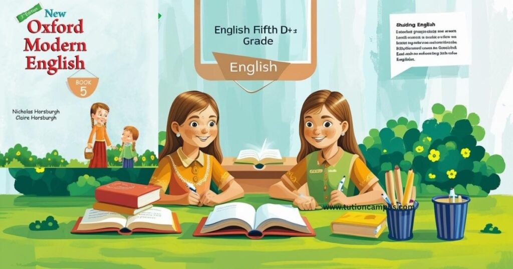 Open English textbook with highlighted notes and solved Class 5 exercises.