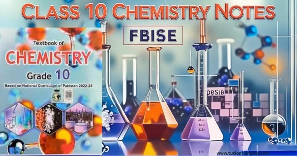 Modern Class 10 Chemistry textbook cover with molecules, lab icons, and Federal Board academic theme.