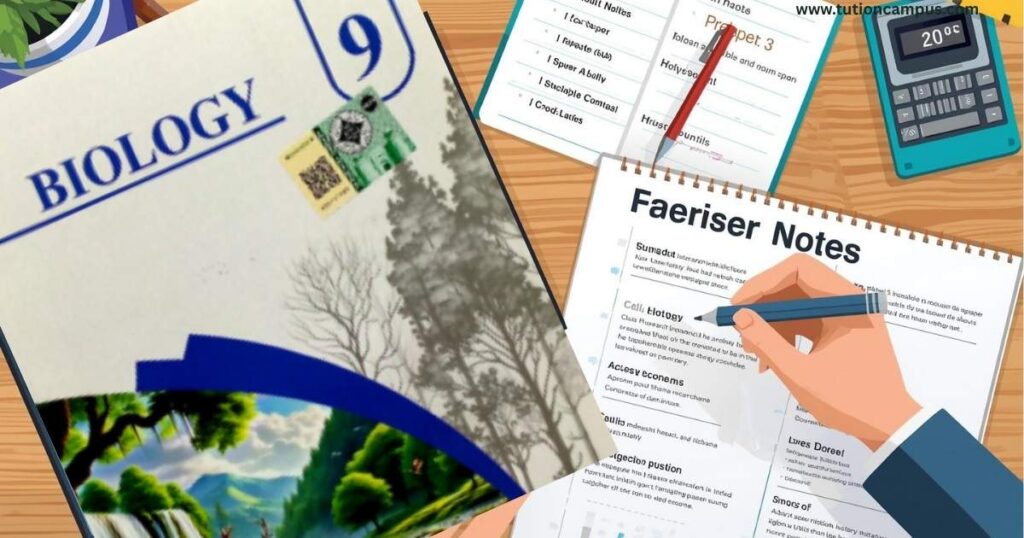 Student practicing class 9 biology solved MCQs and short questions for Punjab board exams